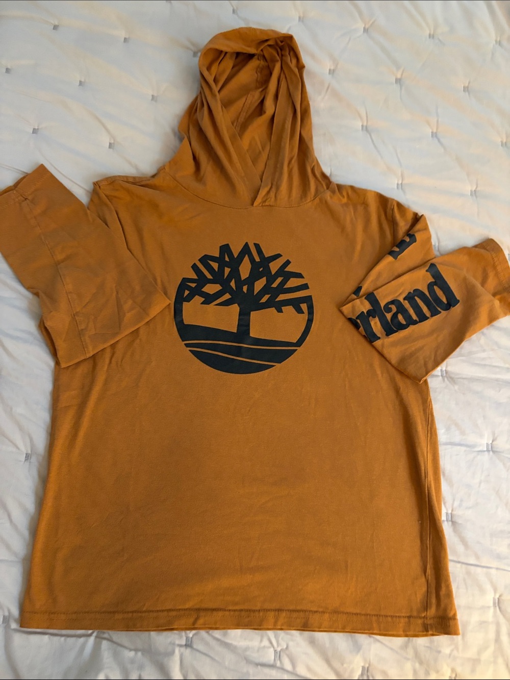 Timberland Kids Brown Hooded Tee with Black Logo and Sleeve Script
